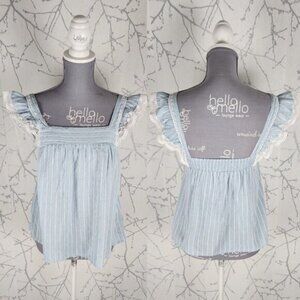 Axara Paris Blue Stripe Square Neck Ruffle Cap Sleeve Top